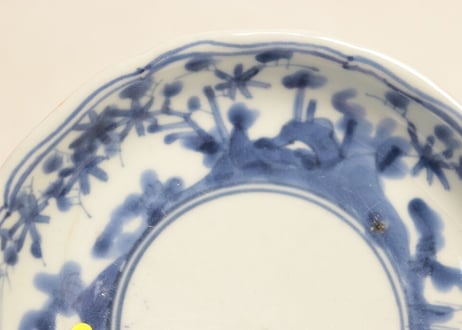 江戸中期染付鹿と紅葉図4.5寸皿 ニュウ,少甘手