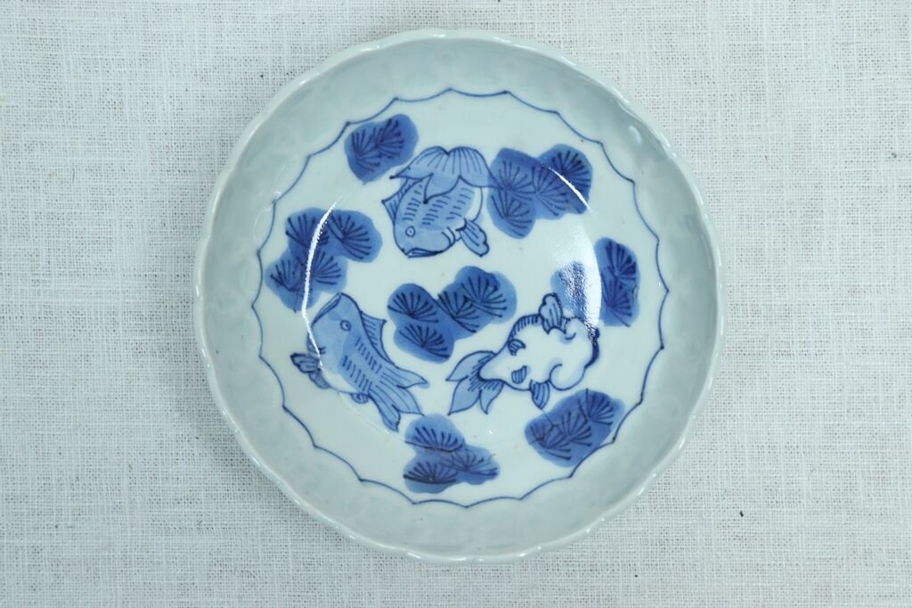 江戸中期　古伊万里　染付木瓜皿５客　金魚柄 江戸中期古伊万里染付木瓜皿5客金魚柄