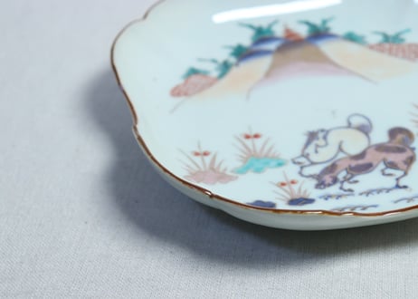 江戸中期色絵馬図四弁通り物7寸変形皿 　5客組