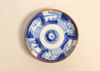 明治後期~大正銅判牡丹と樹木人物図小皿