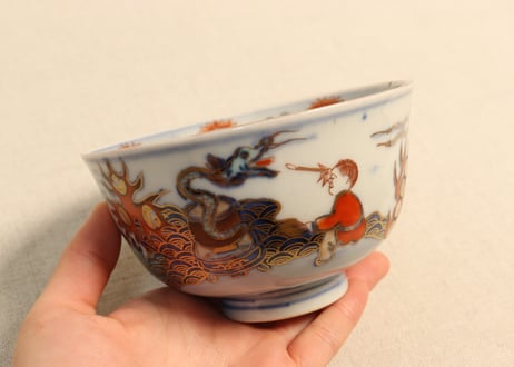 明治前期色絵龍と宝珠に人物図通り物飯茶碗②蓋少甘手