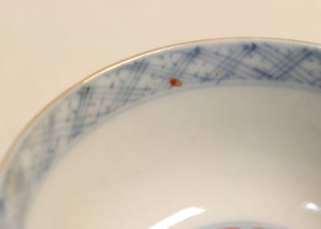 明治前期色絵桃と鶴図通り物飯茶碗