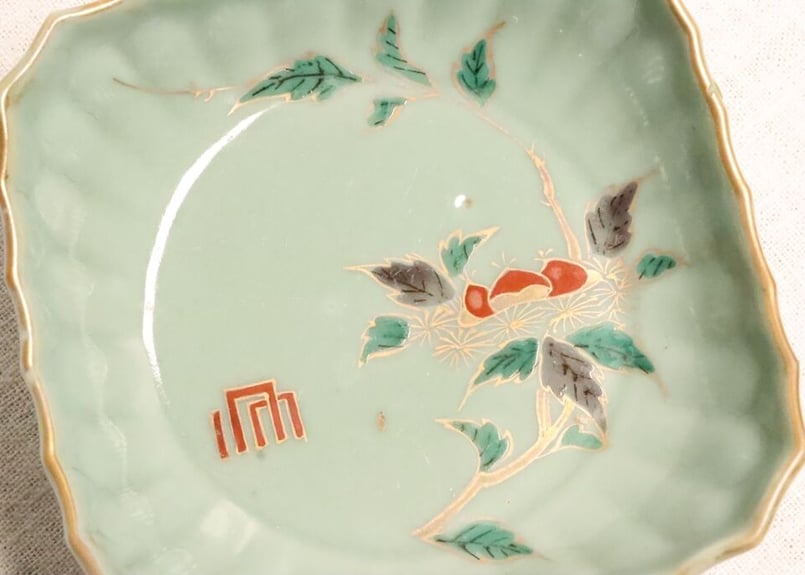 古伊万里青磁栗図なます皿10枚 [B24844] 江戸中期青磁色絵栗図角なます皿五客組 1客ノミホツ有り | 吉祥寺PukuPuku
