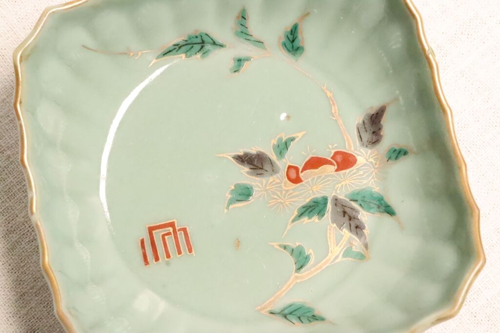 江戸中期青磁色絵栗図角なます皿五客組 1客ノミホツ有り | 吉祥寺PukuPuku
