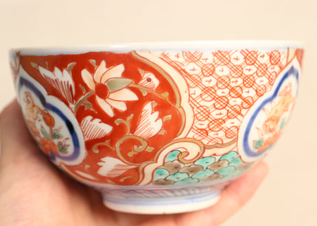 明治前期色絵獅子牡丹と幾何学文図飯茶碗②窯傷
