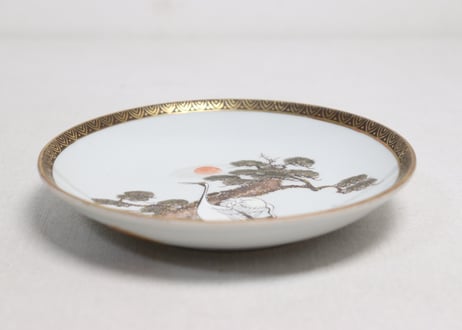 明治前期九谷焼色絵松鶴図通り物5寸皿①