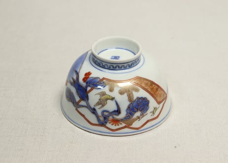 明治前期色絵富士に鷹と茄子図蓋茶碗②高台ホツ