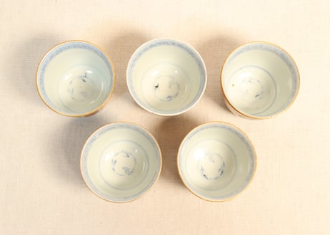 江戸幕末色絵牡丹と渦巻図向付5客組