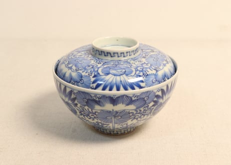 江戸幕末染付線描き三方に花図蓋茶碗 5客組