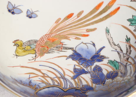 明治前期色絵牡丹と孔雀図8寸鉢