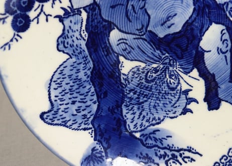 明治前期紙刷金太郎と熊図9.5寸皿　少甘手,アタリキズ,小ニュウ