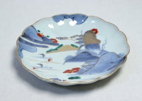江戸中期色絵山水図7寸皿③　釉剥げ,ノミホツ