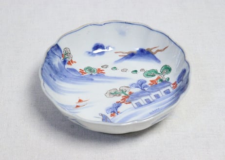 明治前期色絵山水図なます皿　釉弾き