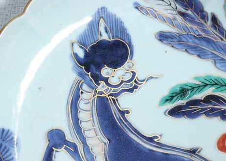 江戸中期色絵芭蕉に獅子図７寸皿　５客組