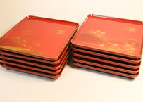 皆朱蒔絵秋草銘々柄吸物膳　共箱付　10客組　小傷3客,傷2客有