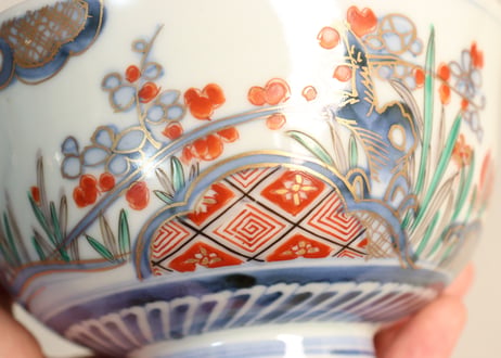 明治前期色絵杜若と梅図飯茶碗