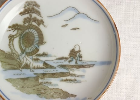 明治後期~大正銅判番傘人物図小皿