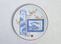 明治後期～大正銅判色絵山水と若松図5寸皿