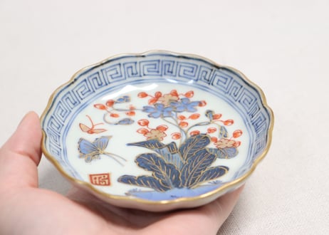 江戸幕末赤絵金彩秋海棠図通り物小皿