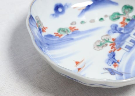明治前期色絵山水図なます皿　釉弾き