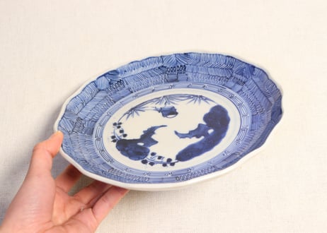 明治前期染付羽根市松図7寸皿
