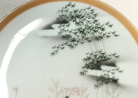 昭和戦前色絵プリント菊と竹林図6寸皿