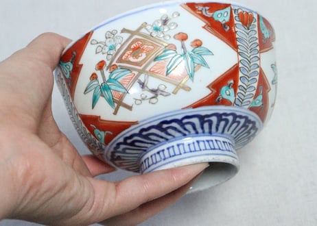 明治前期色絵牡丹と松竹梅図通り物蓋茶碗