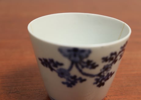 江戸中期紙刷古印判花と唐草図猪口　ニュウ直し,ノミホツ