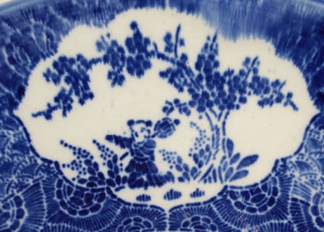 明治前期紙刷菊と唐子に桜図尺皿