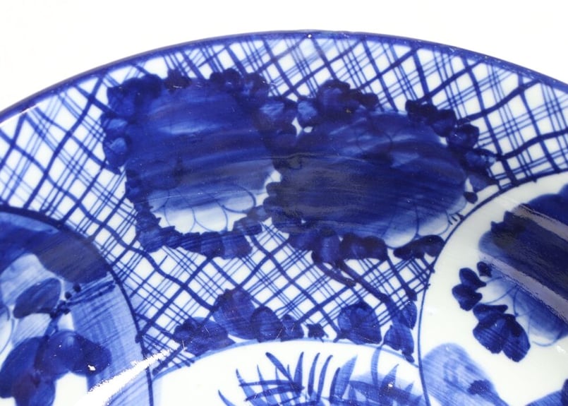 明治前期ベロ藍丸窓に草花図8寸鉢 ノミホツ | 吉祥寺PukuPuku