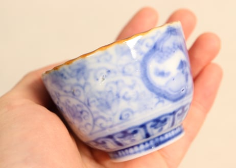明治前期染付三方に山水窓絵と萩唐草図イゲ縁通り物小向付