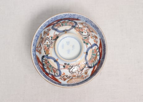 明治前期色絵梅に鶯と菖蒲図通り物飯茶碗