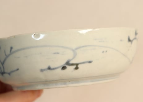 江戸後期染付二方牡丹図なます皿　フリモノ,かたつき