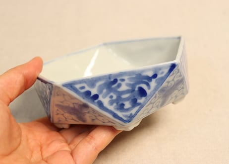 明治後期~大正銅判花図面取り五角小鉢