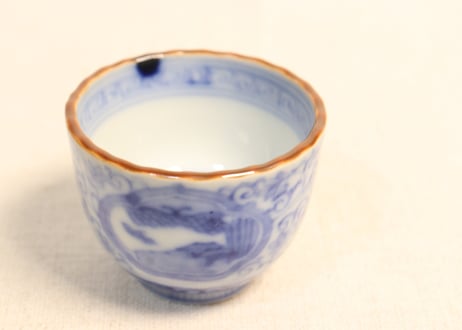 明治前期染付三方に山水窓絵と萩唐草図イゲ縁通り物小向付