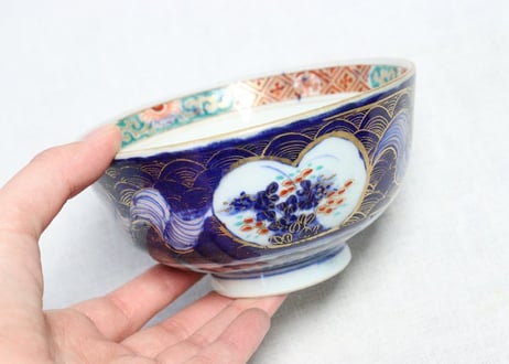 明治前期色絵草花に波図蒸茶碗①　 色擦れ