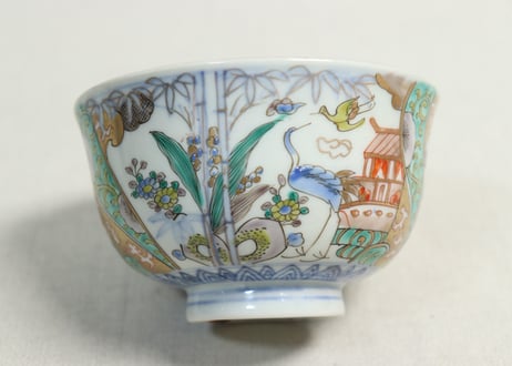 明治前期色絵鶴と松竹梅図通り物飯茶碗