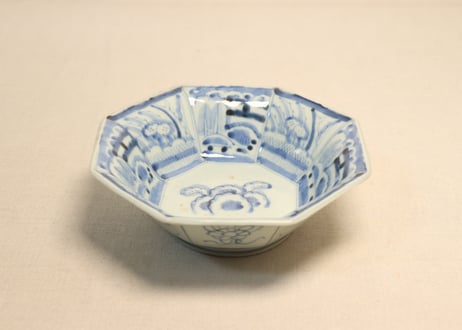 江戸幕末染付山水図八角鉢　フリモノ