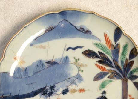 江戸中期色絵芭蕉と人物図7寸皿 がたつき