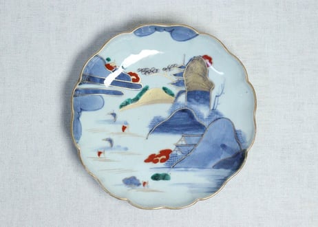 江戸中期色絵山水図7寸皿③　釉剥げ,ノミホツ