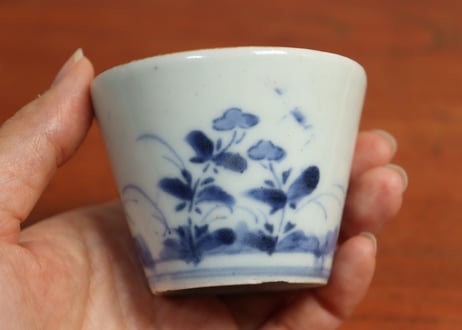 江戸中期紙刷古印判女郎花図猪口　直し,高台ホツ