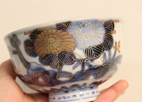 明治前期金彩染付四君子図飯茶碗
