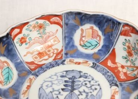 明治前期色絵扇面と花図大なます皿