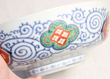 明治前期色絵山水と捻子文8寸鉢2pセット 共箱付き 金彩少剥げ有り