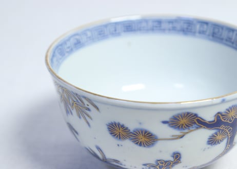 明治前期金彩染付松竹梅図通り物飯茶碗