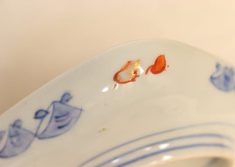 明治前期色絵鶴丸と幾何学文縁立ち長角皿