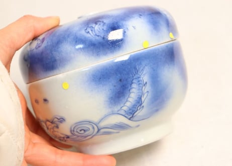 江戸幕末染付龍と波千鳥図食籠 小ホツ