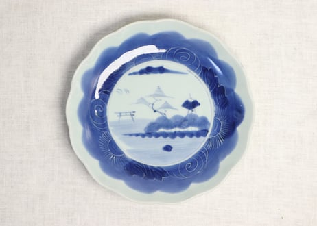 江戸幕末染付山水と花図7寸皿
