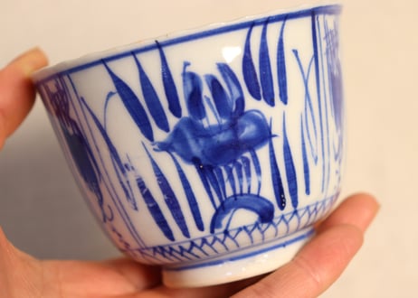 明治前期染付三方に菖蒲図向付