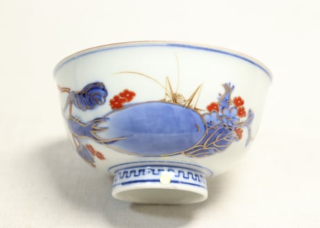 明治前期色絵富士に鷹と茄子図蓋茶碗②高台ホツ